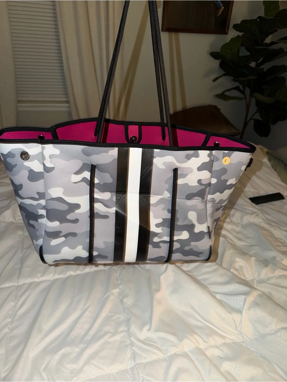 Neoprene Camo Tote Bag with Pink Interior and Black Stripes